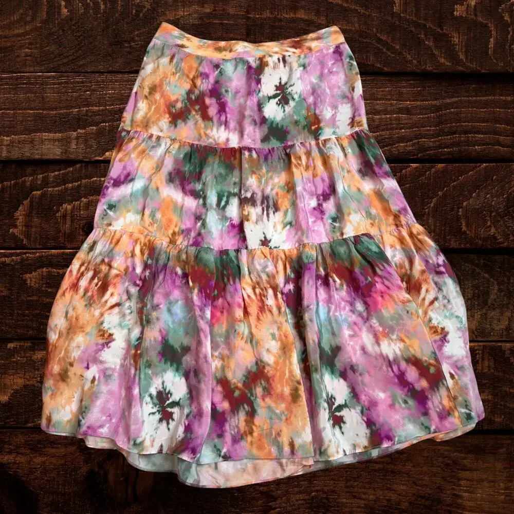 Anthropologie Kachel 100% Silk Abstract Tie-Dye Tiered Midi Skirt Size 10
